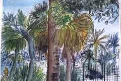 Nizza: Unter Palmen. Aquarell mit Fineliner 24×32 cm