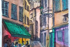 Nizza: Im Café. Aquarell mit Fineliner 32×24 cm